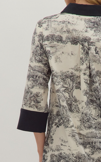 Toile Print 3/4 Sleeve Mini Dress Featuring a Contrast Collar