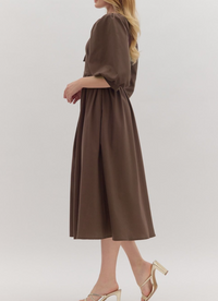 Solid ¾ Sleeve Midi Dress Featuring Smocked Waistband