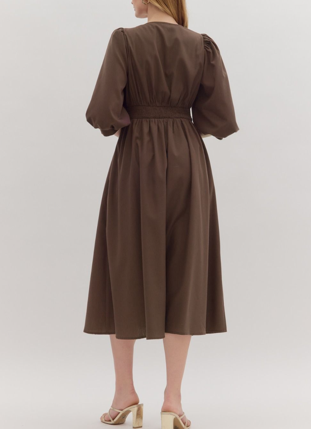 Solid ¾ Sleeve Midi Dress Featuring Smocked Waistband