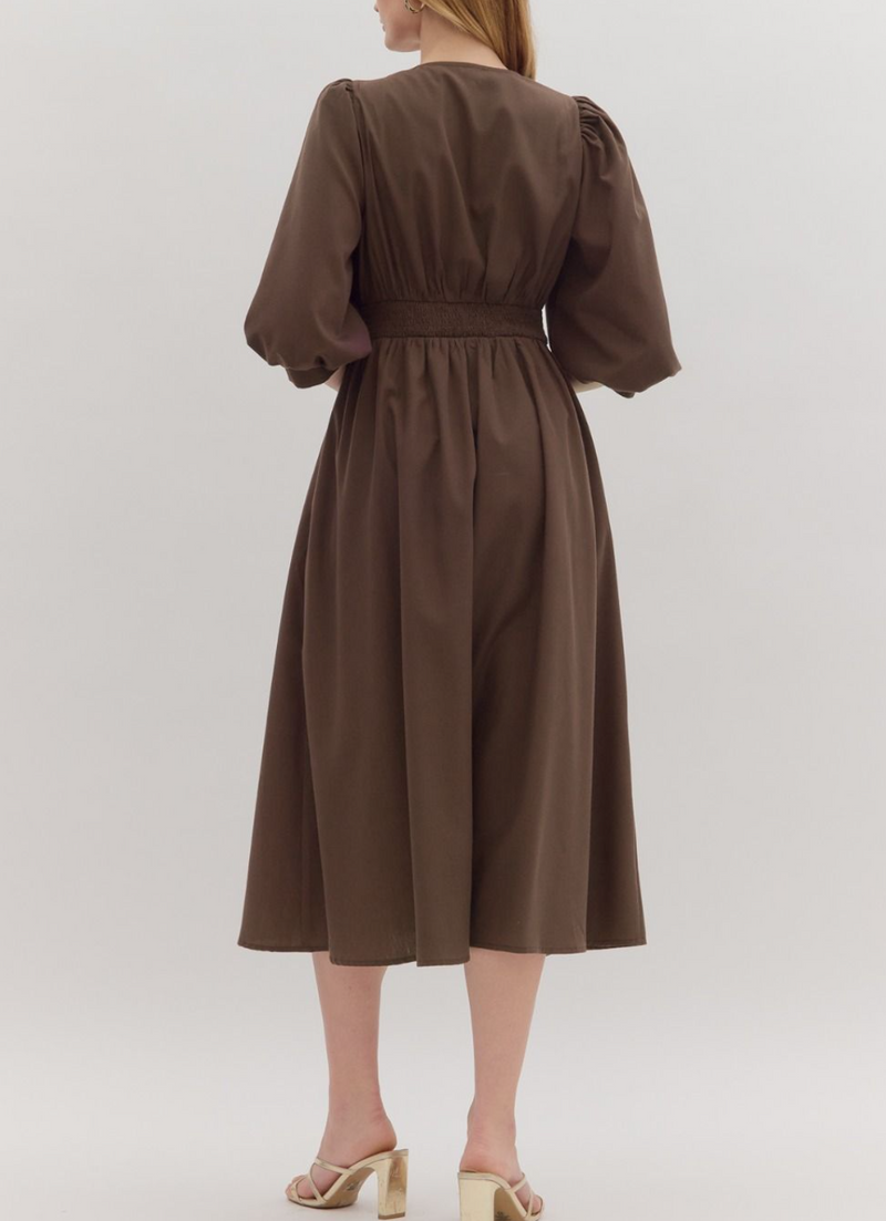 Solid ¾ Sleeve Midi Dress Featuring Smocked Waistband