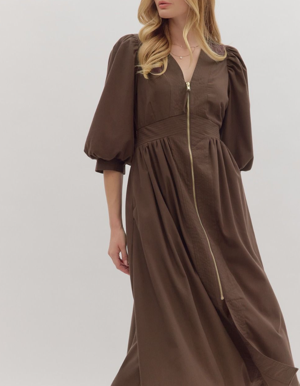 Solid ¾ Sleeve Midi Dress Featuring Smocked Waistband