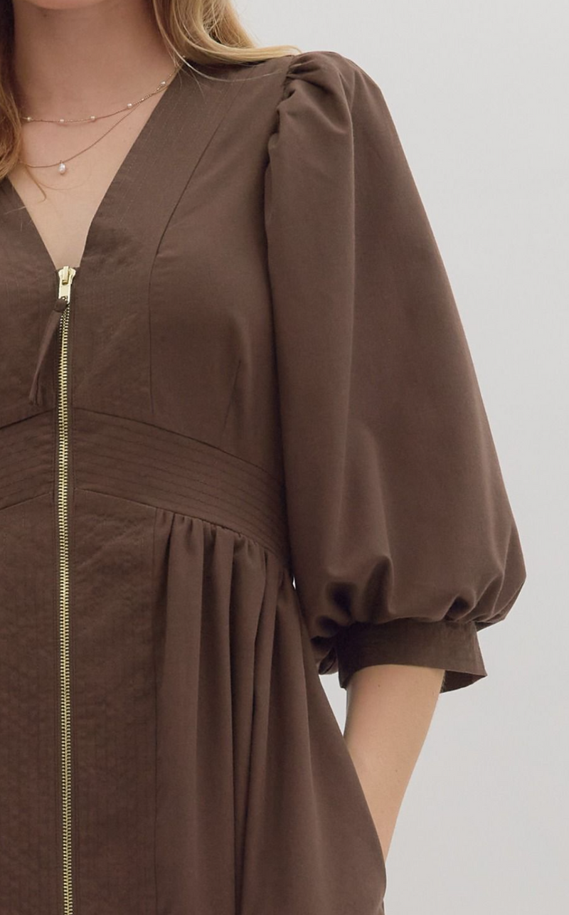 Solid ¾ Sleeve Midi Dress Featuring Smocked Waistband