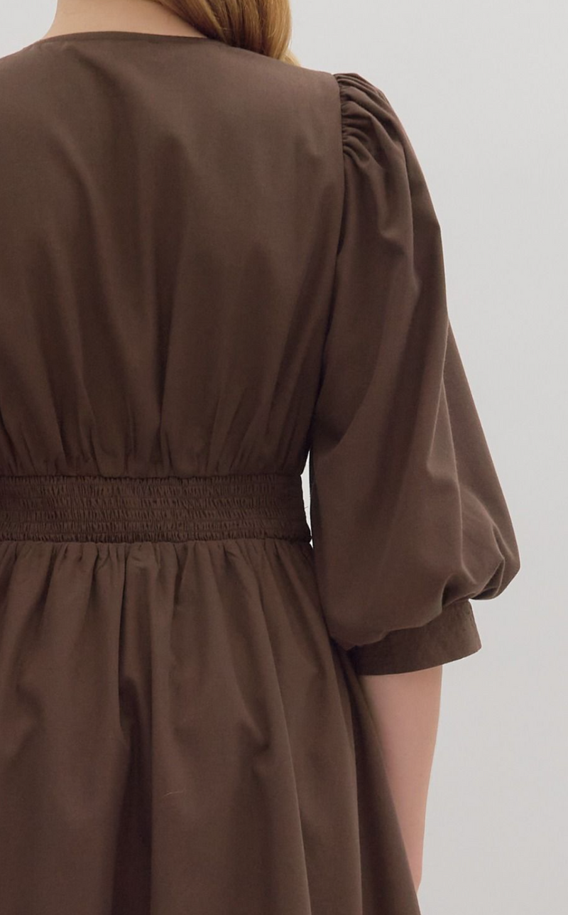 Solid ¾ Sleeve Midi Dress Featuring Smocked Waistband