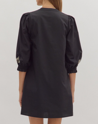 Solid 3/4 Sleeve Mini Dress Featuring Embroidered Front Detail