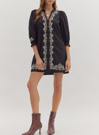 Solid 3/4 Sleeve Mini Dress Featuring Embroidered Front Detail