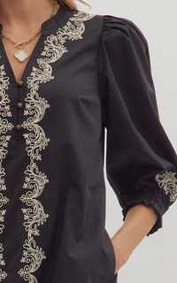 Solid 3/4 Sleeve Mini Dress Featuring Embroidered Front Detail