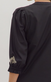 Solid 3/4 Sleeve Mini Dress Featuring Embroidered Front Detail