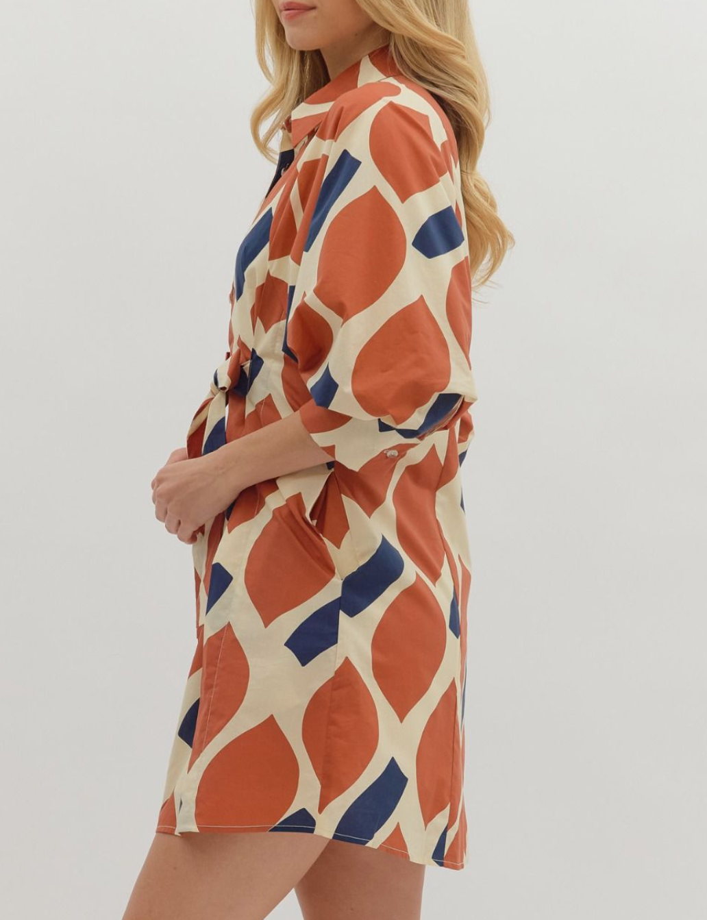 Printed 3/4 Sleeve Mini Dress Featuring Self-Tie Waist