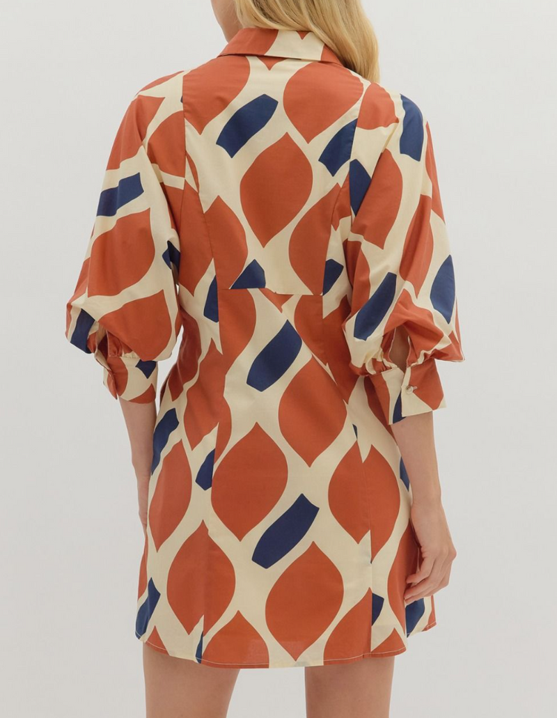 Printed 3/4 Sleeve Mini Dress Featuring Self-Tie Waist