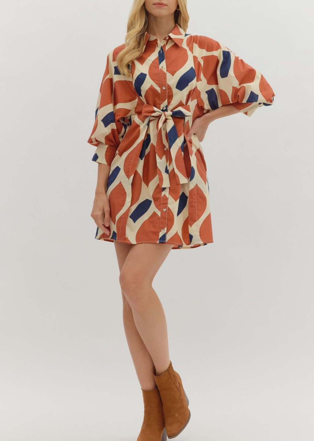 Printed 3/4 Sleeve Mini Dress Featuring Self-Tie Waist