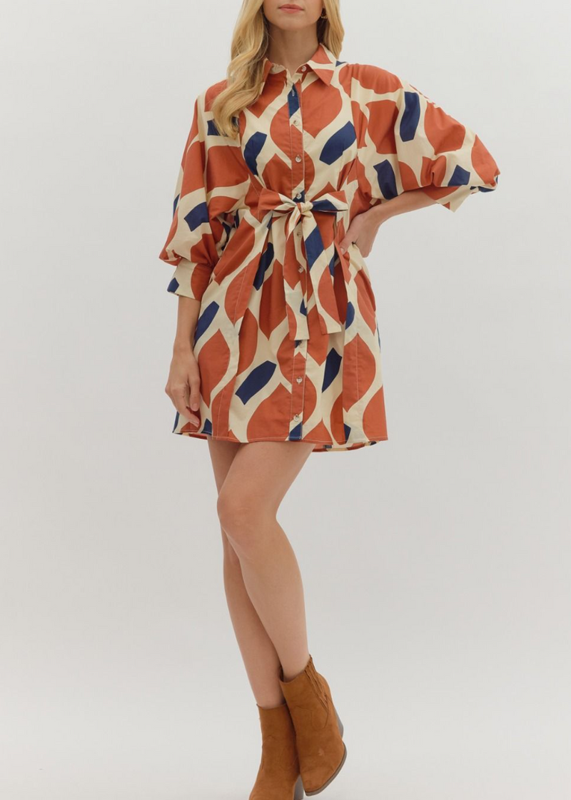 Printed 3/4 Sleeve Mini Dress Featuring Self-Tie Waist