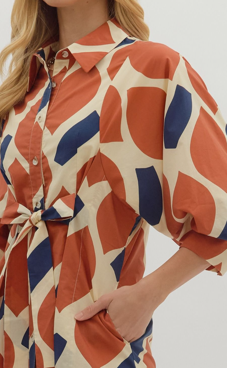 Printed 3/4 Sleeve Mini Dress Featuring Self-Tie Waist