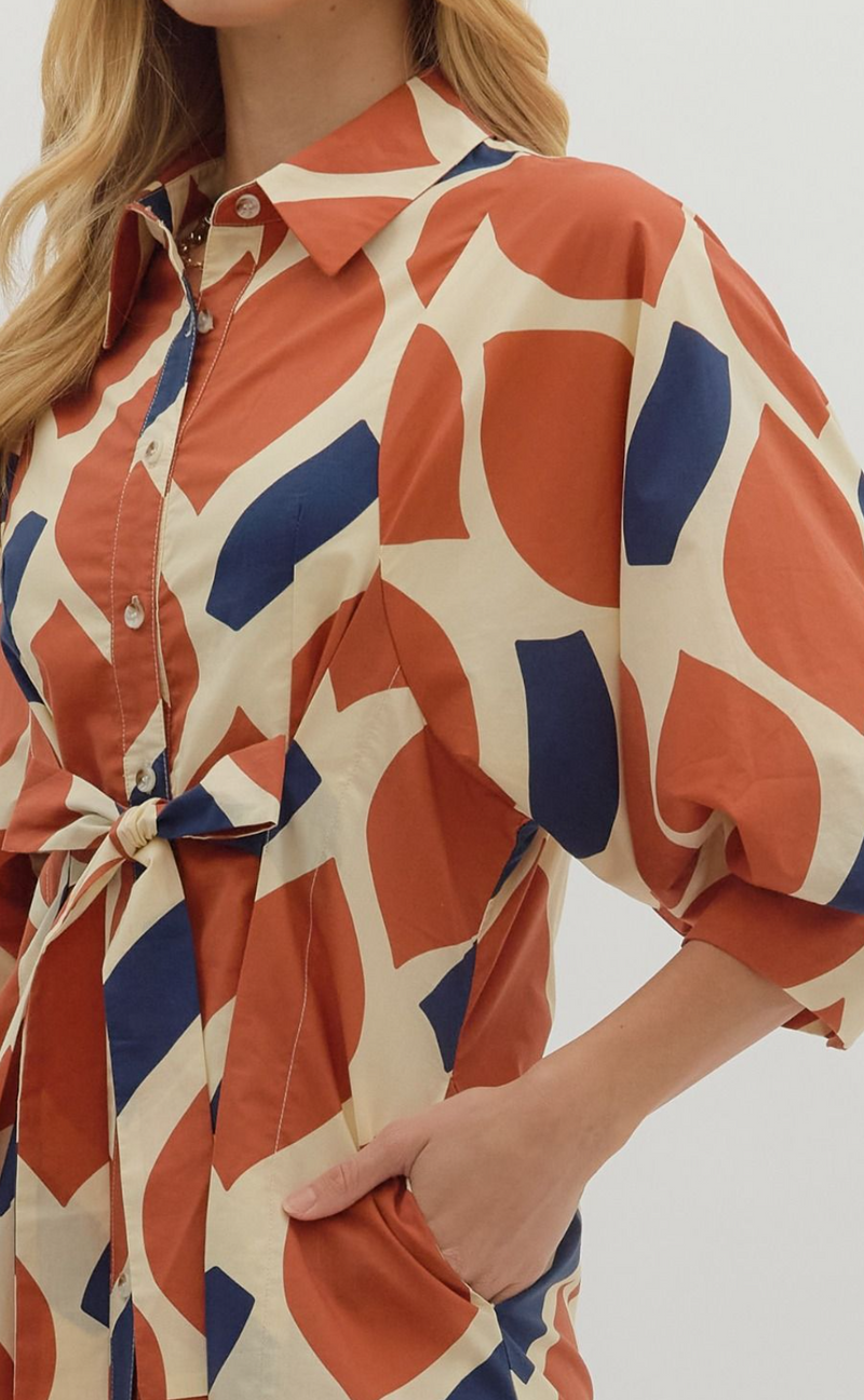 Printed 3/4 Sleeve Mini Dress Featuring Self-Tie Waist