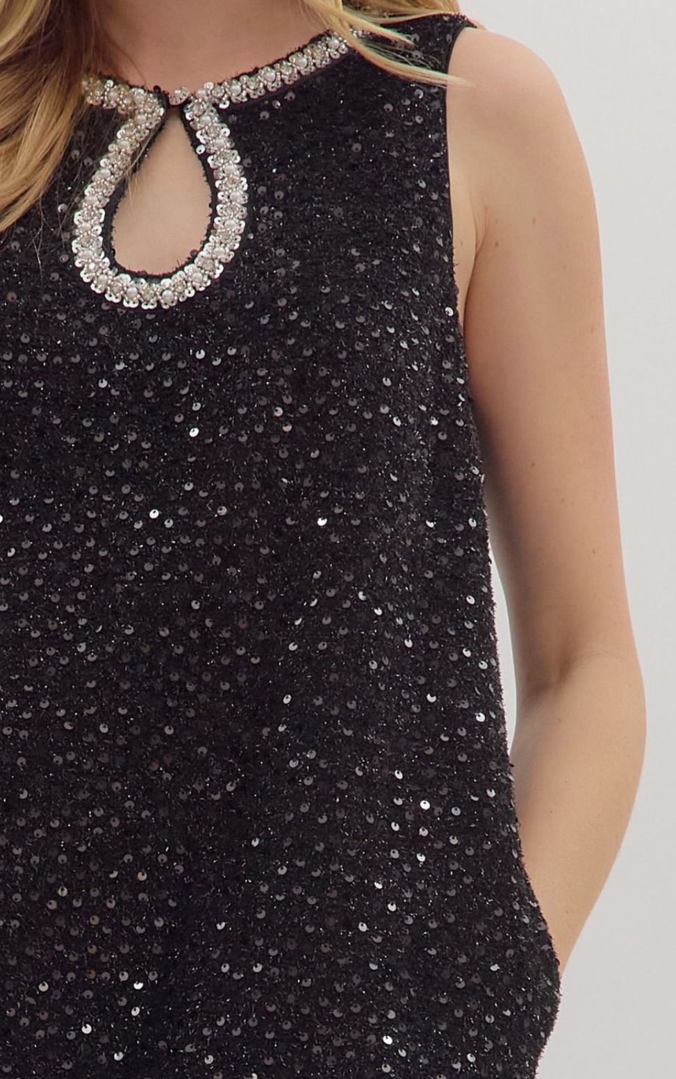 Sequin Sleeveless Mini Dress Featuring Beaded Neckline Azure & Lavender Sequin Sleeveless Mini Dress Featuring Beaded Neckline Azure & Lavender