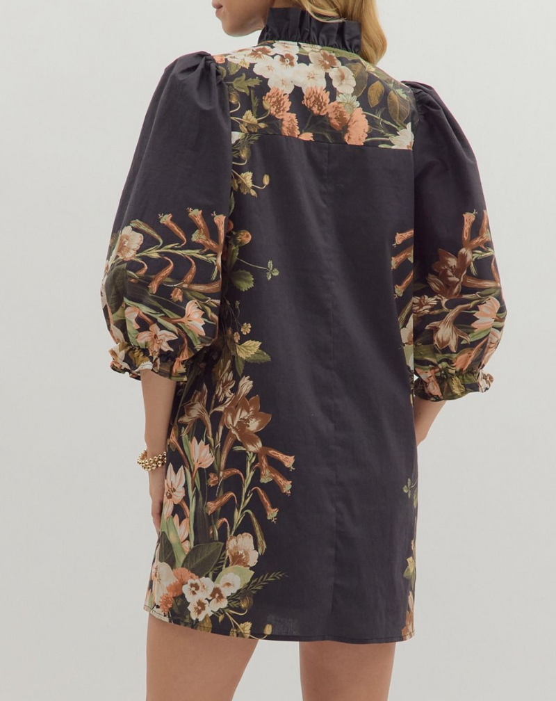 Botanical Print 3/4 Sleeve Mini Dress