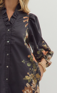Botanical Print 3/4 Sleeve Mini Dress