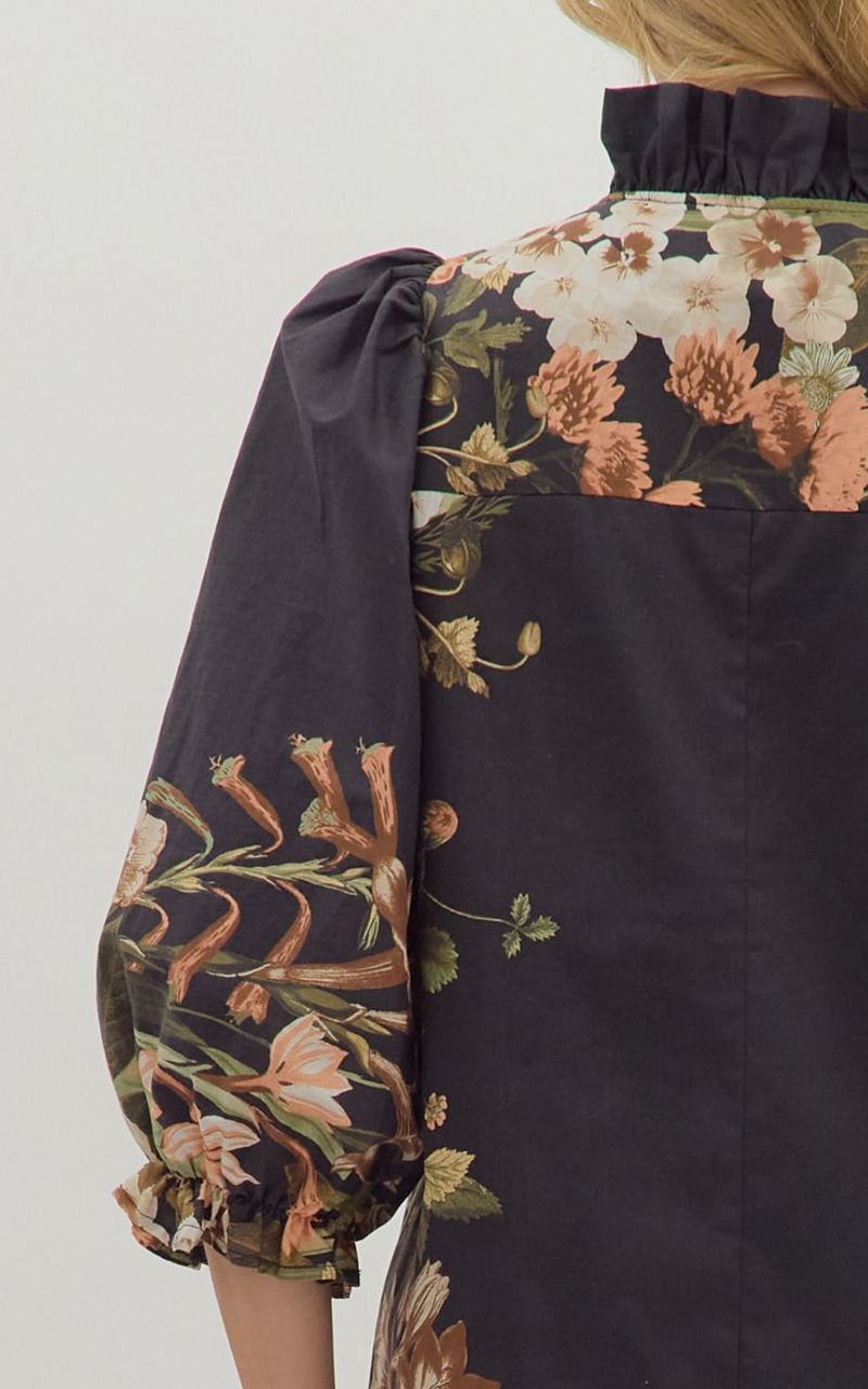 Botanical Print 3/4 Sleeve Mini Dress