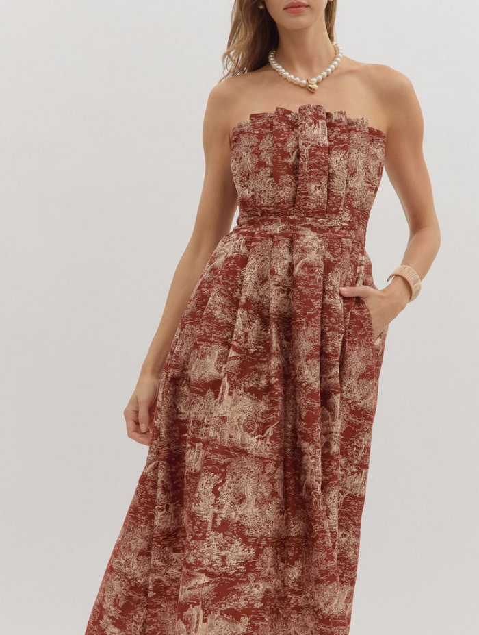 Printed Strapless Midi Dress Large / Burgundy Printed Strapless Midi Dress Large / Burgundy