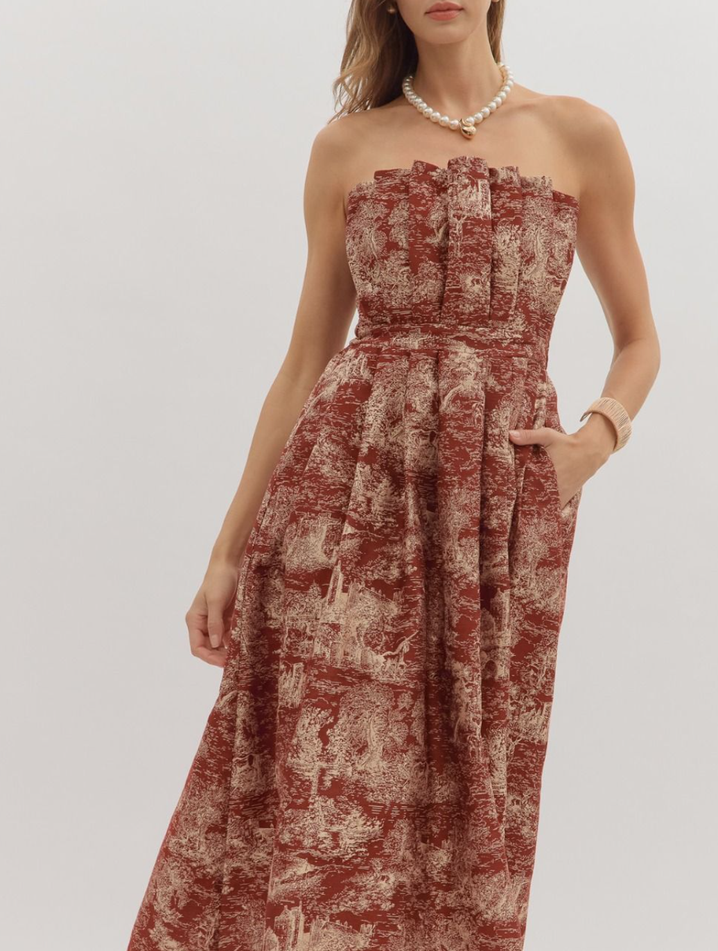 Printed Strapless Midi Dress