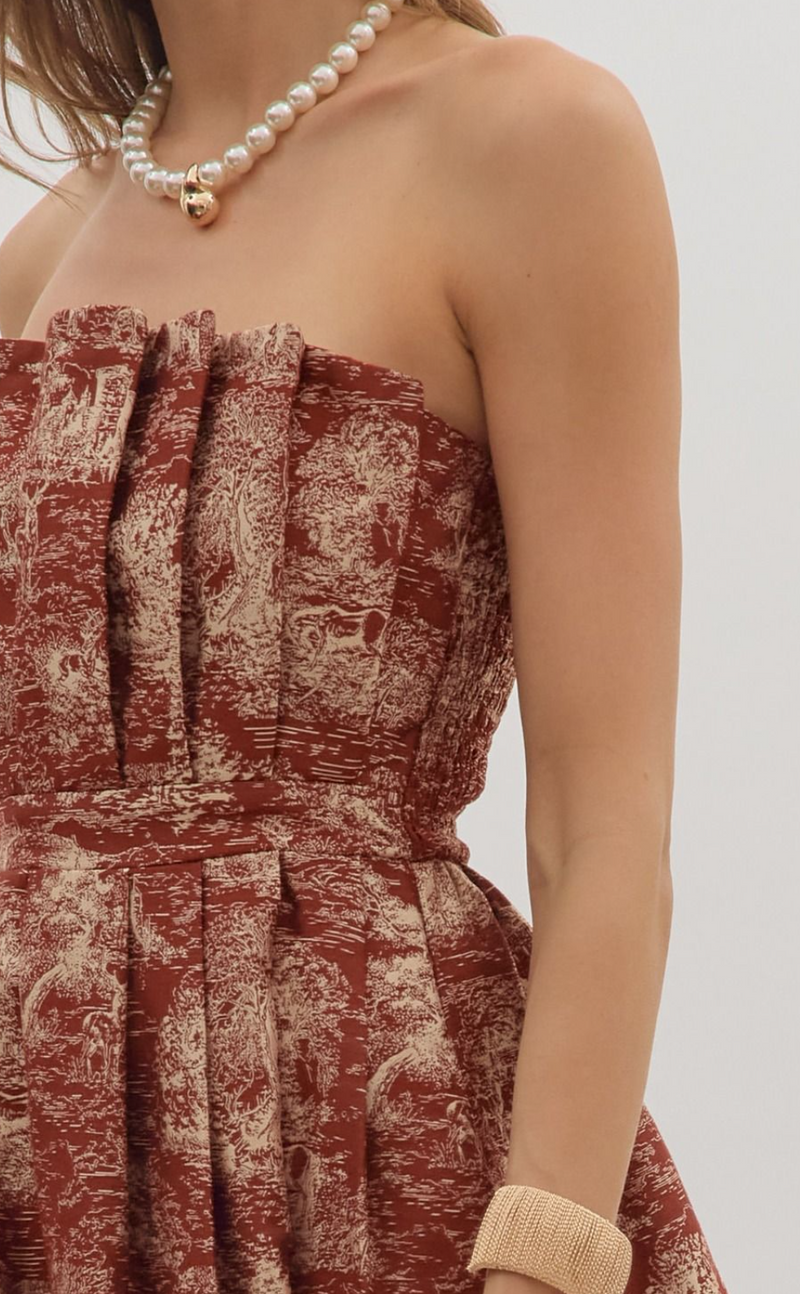 Printed Strapless Midi Dress