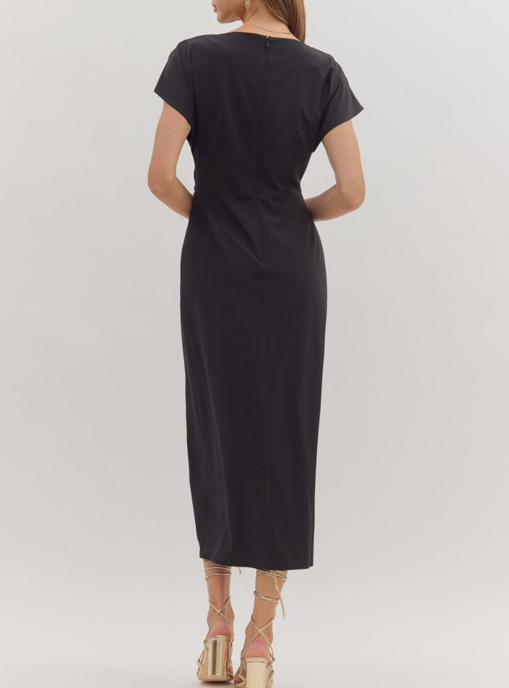 Solid Short Sleeve Midi Dress Featuring Draped Neckline Large / Black Solid Short Sleeve Midi Dress Featuring Draped Neckline Large / Black