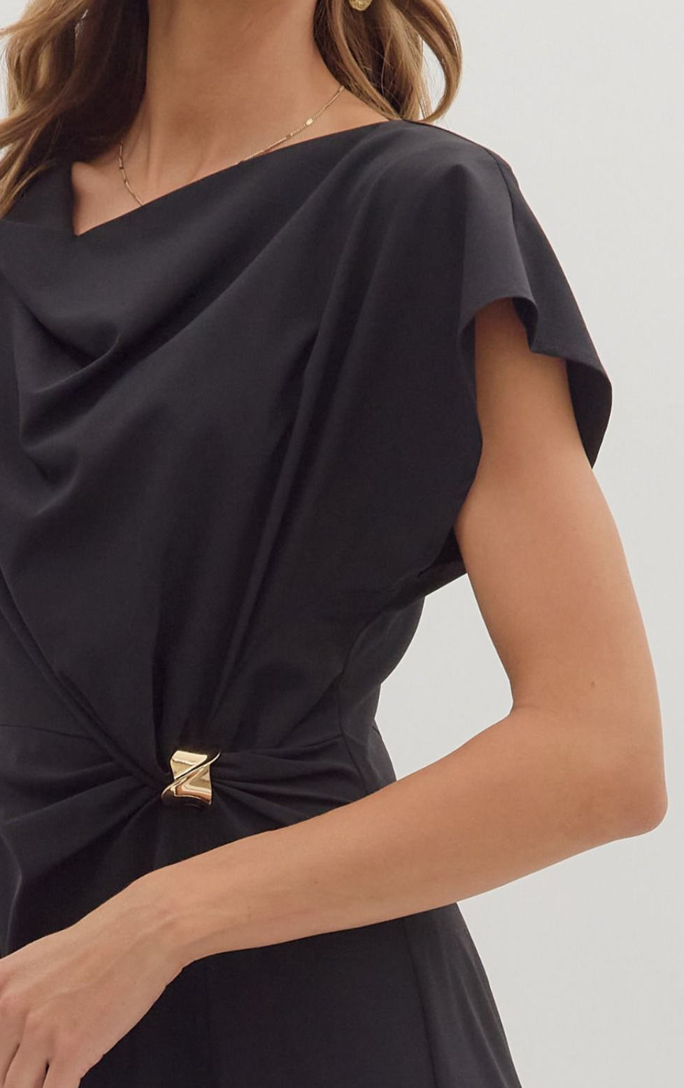 Solid Short Sleeve Midi Dress Featuring Draped Neckline