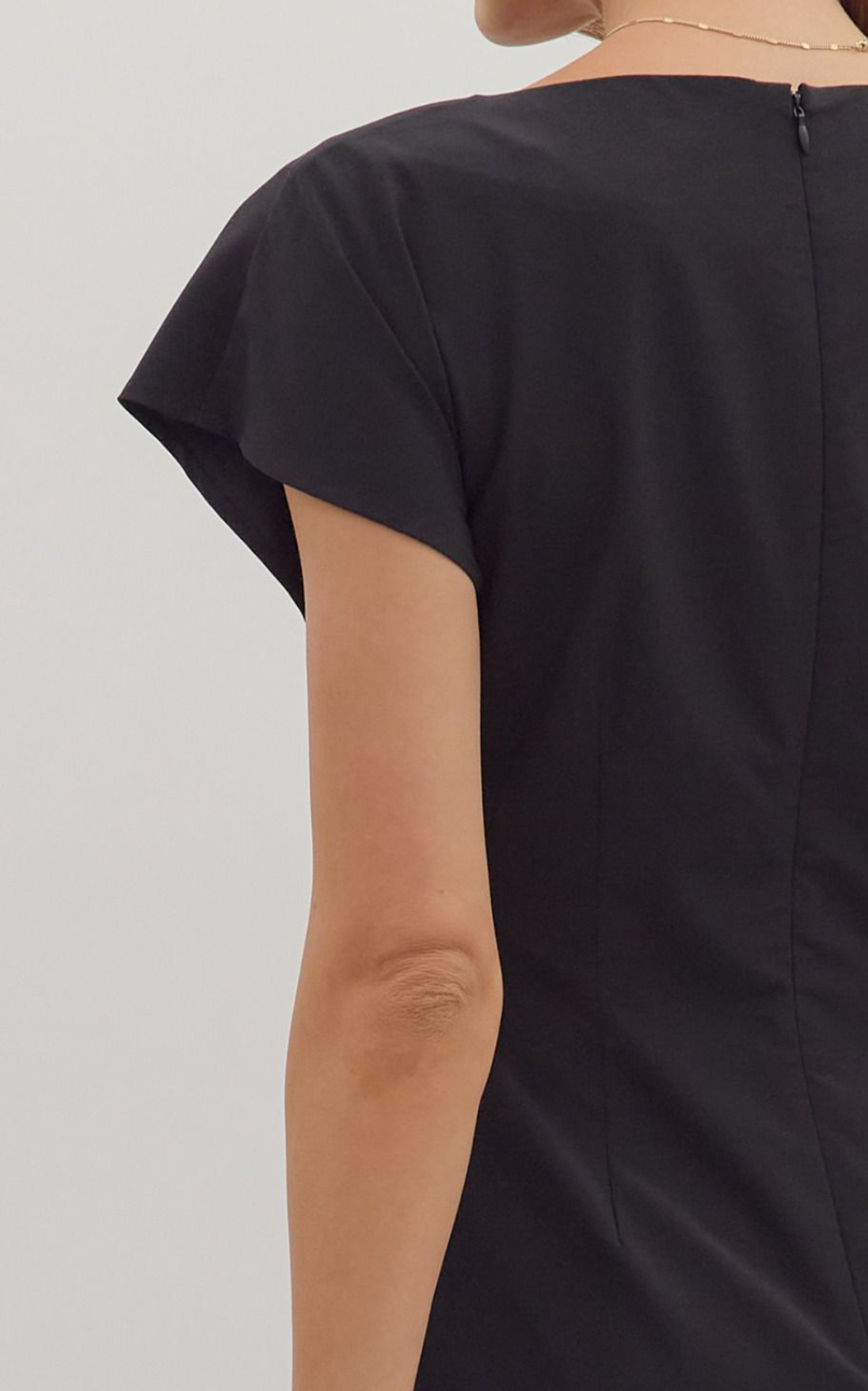 Solid Short Sleeve Midi Dress Featuring Draped Neckline