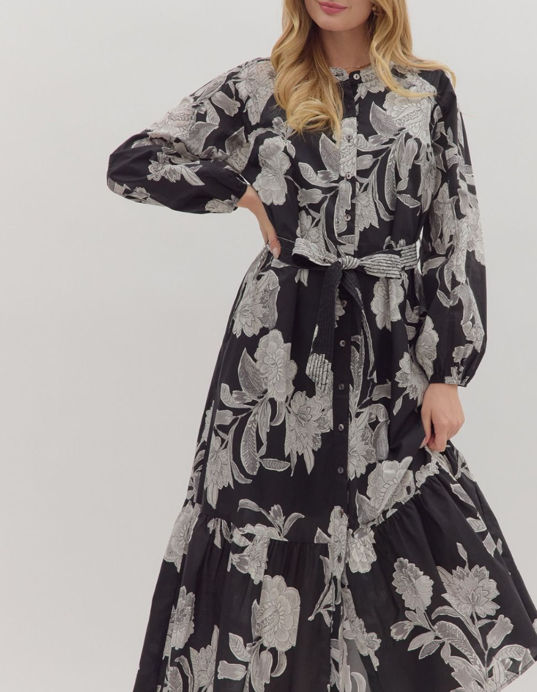 Floral Print Long Sleeve Midi Dress Small / Black Floral Print Long Sleeve Midi Dress Small / Black