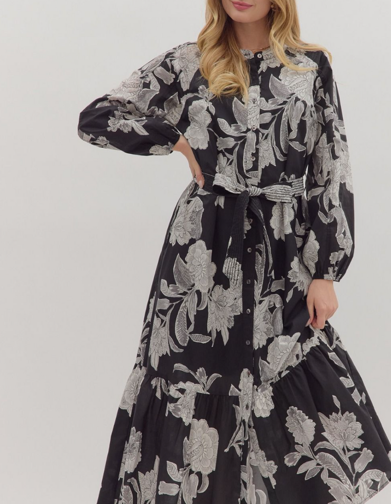 Floral Print Long Sleeve Midi Dress Small / Black Floral Print Long Sleeve Midi Dress Small / Black