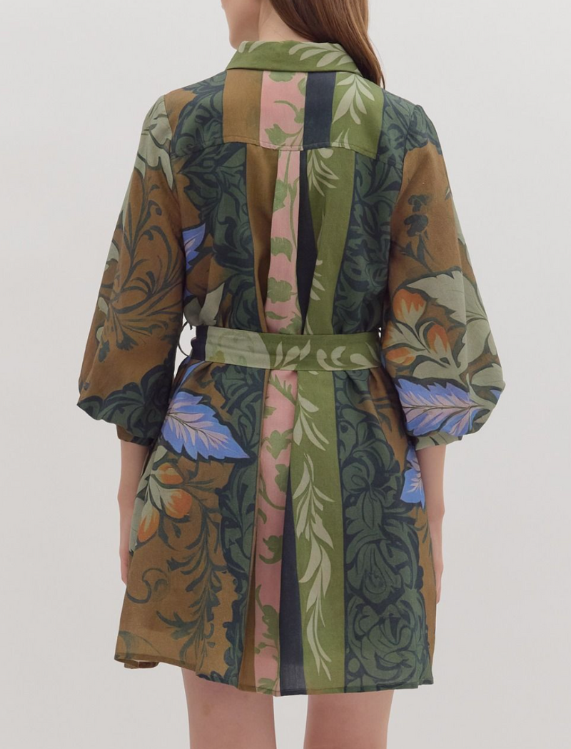 Botanical Print Long Sleeve Mini Dress