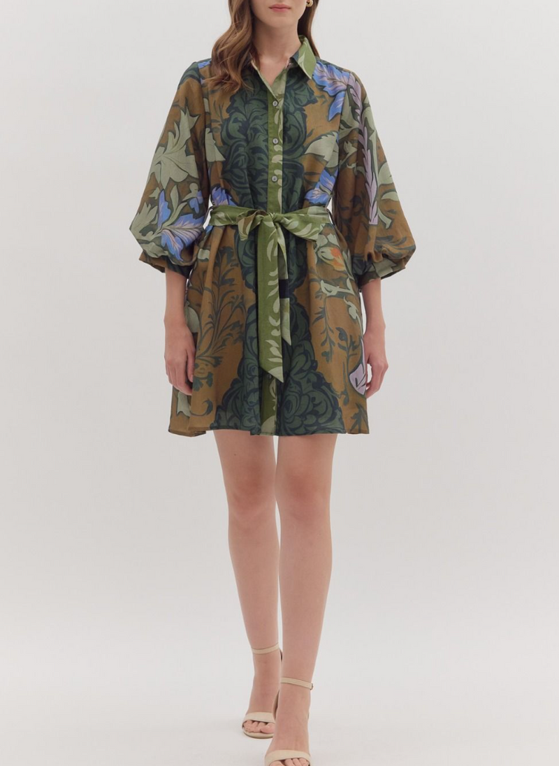 Botanical Print Long Sleeve Mini Dress