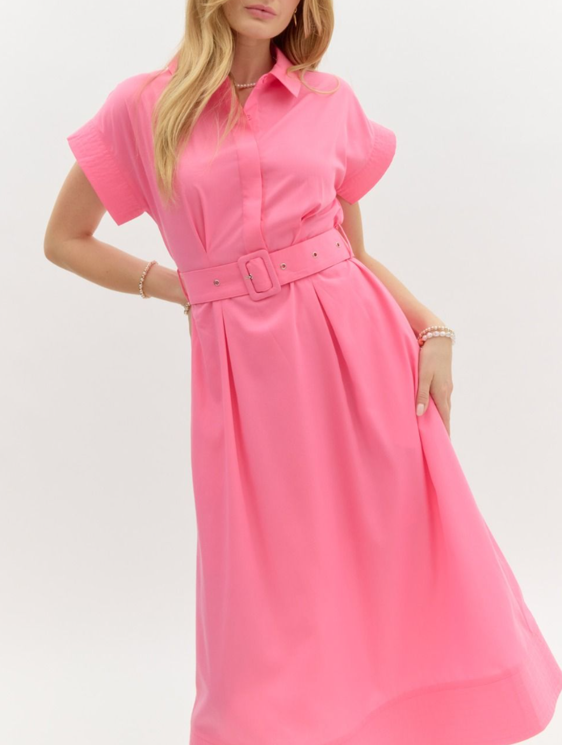 Solid Stitch Detailed Short Wing Sleeve Button Front Midi Dress