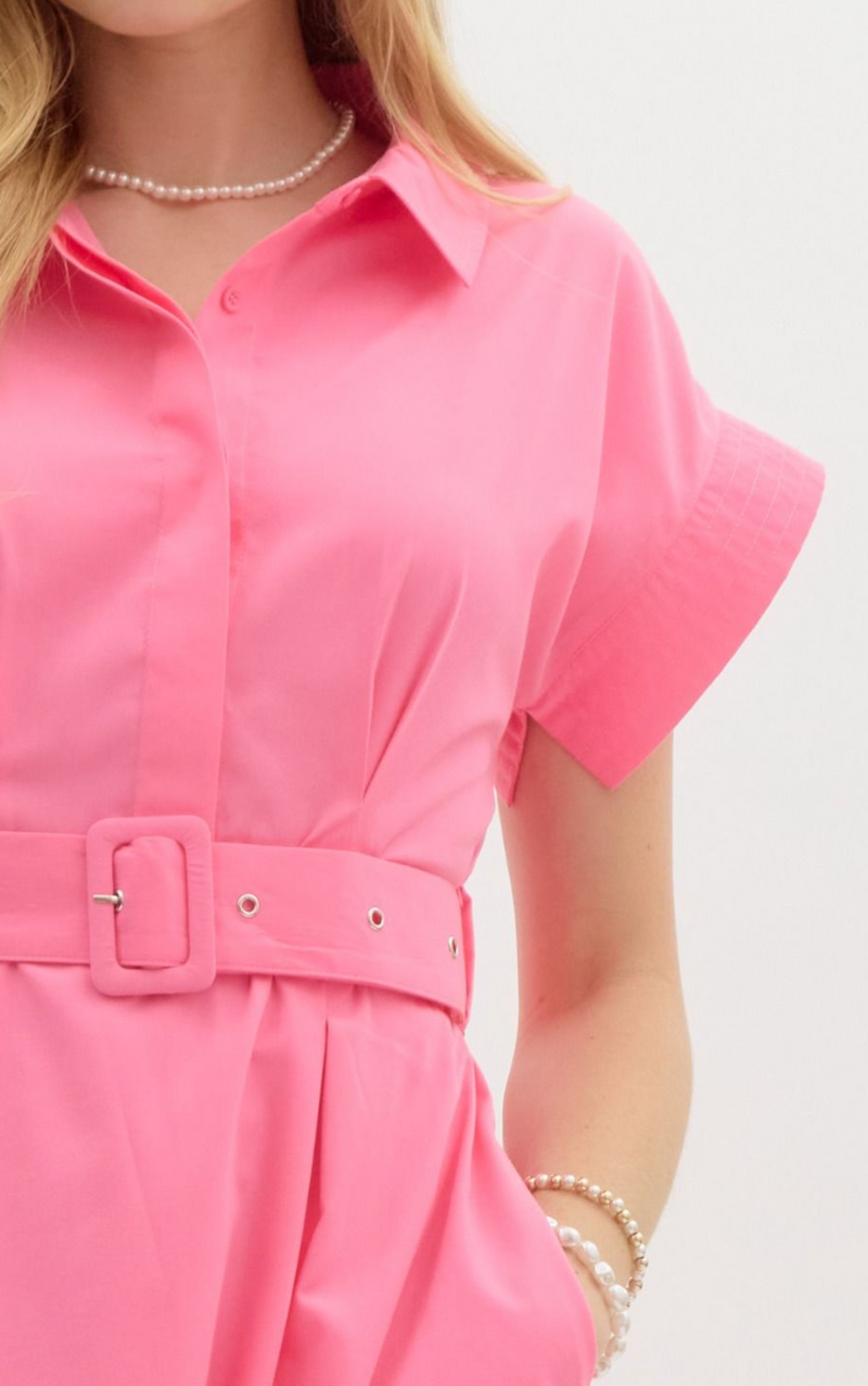 Solid Stitch Detailed Short Wing Sleeve Button Front Midi Dress