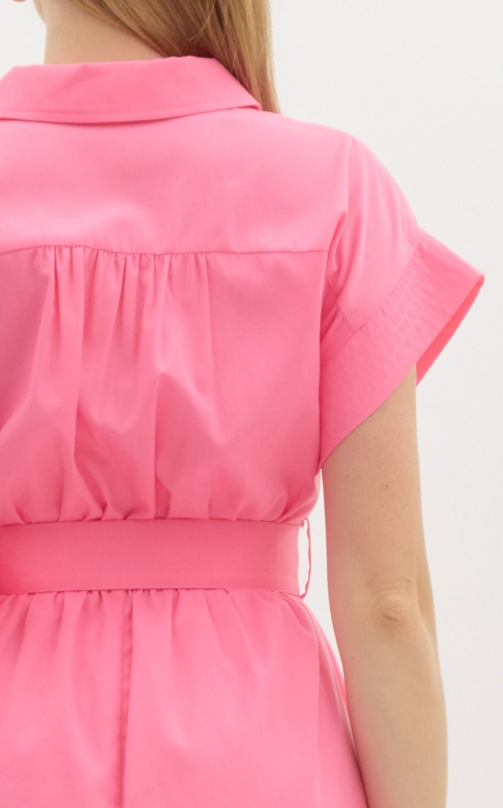 Solid Stitch Detailed Short Wing Sleeve Button Front Midi Dress