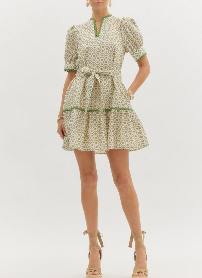 Green Printed Short Puff Sleeve Mini Pullover Dress Featuring Scallop Trim Accents