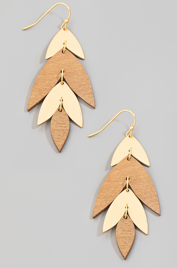 Metallic and Wooden Leaf Dangle Earrings