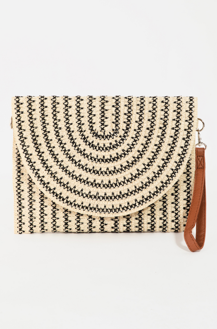 Two-Tone Stitch Detail Straw Clutch Bag
