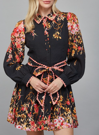 Floral Border Print Waist Button Down Mini Dress