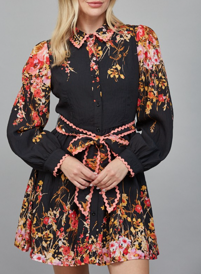 Floral Border Print Waist Button Down Mini Dress