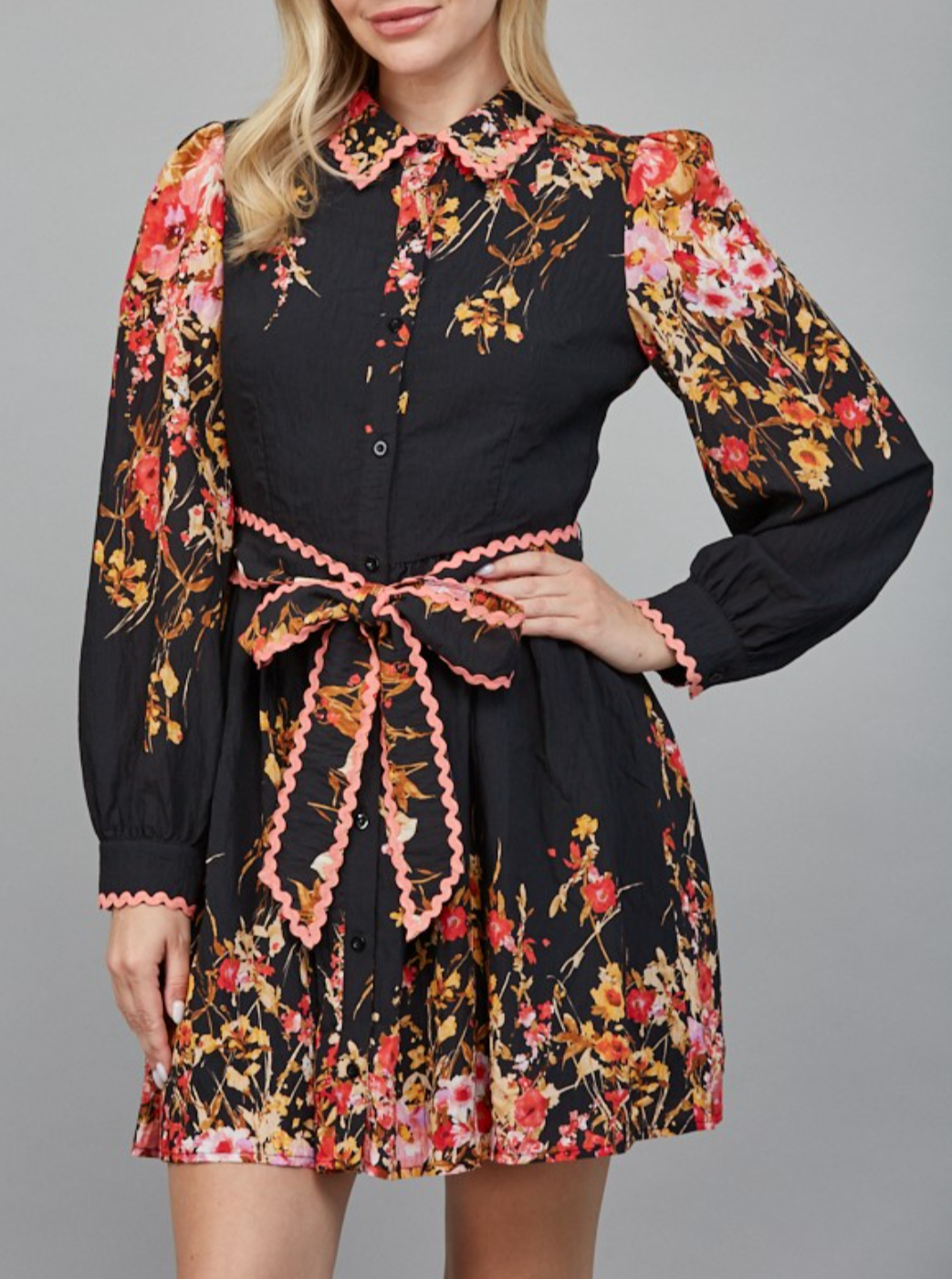 Floral Border Print Waist Button Down Mini Dress