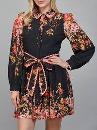 Floral Border Print Waist Button Down Mini Dress