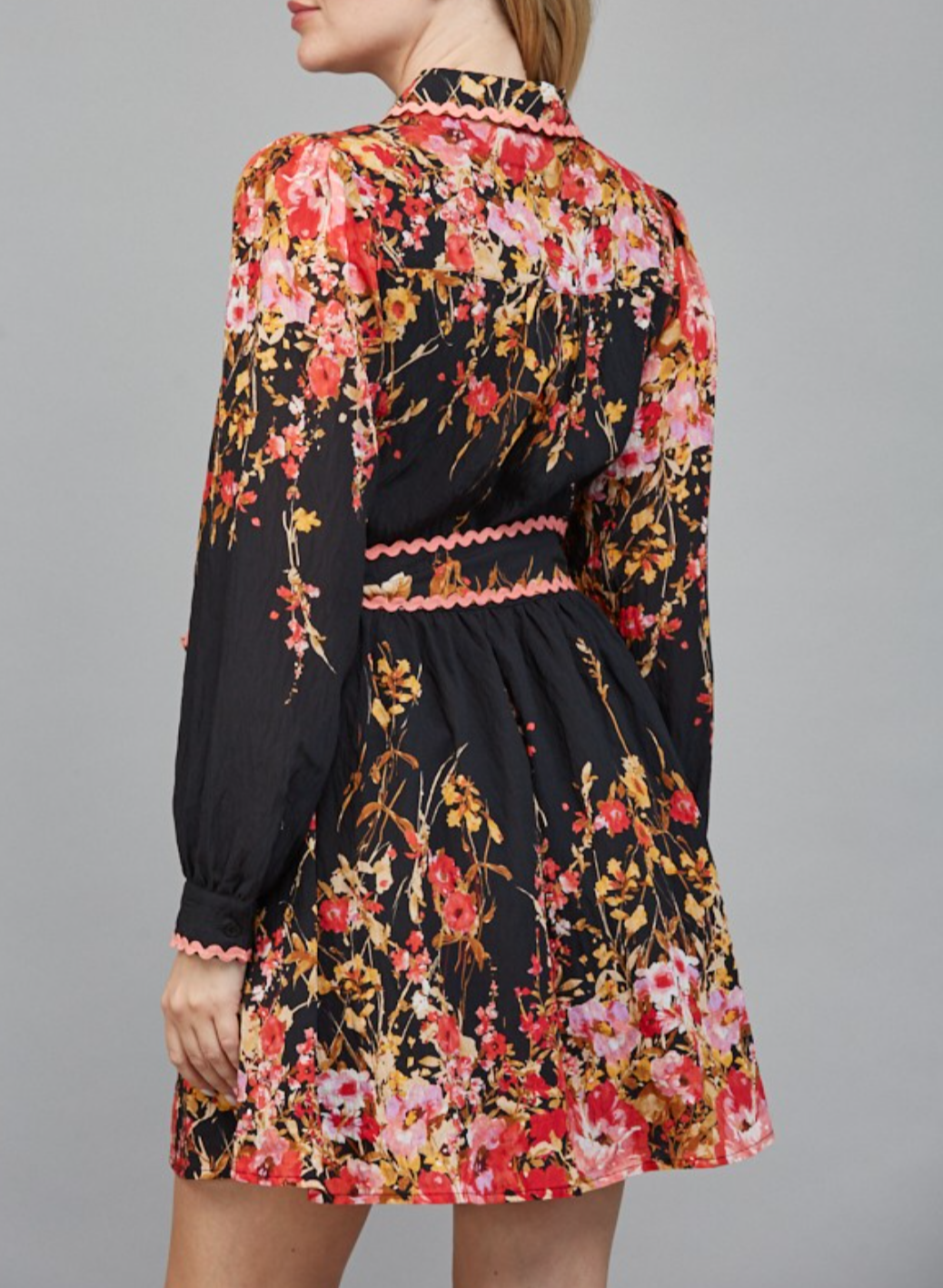 Floral Border Print Waist Button Down Mini Dress