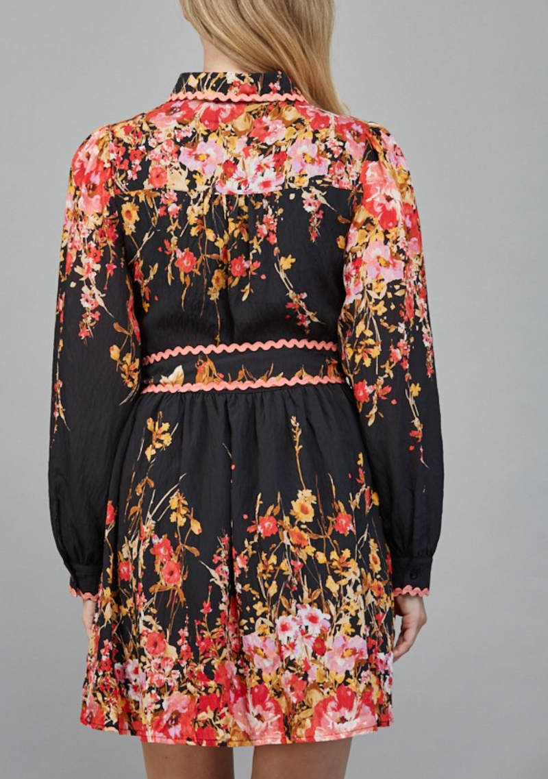 Floral Border Print Waist Button Down Mini Dress