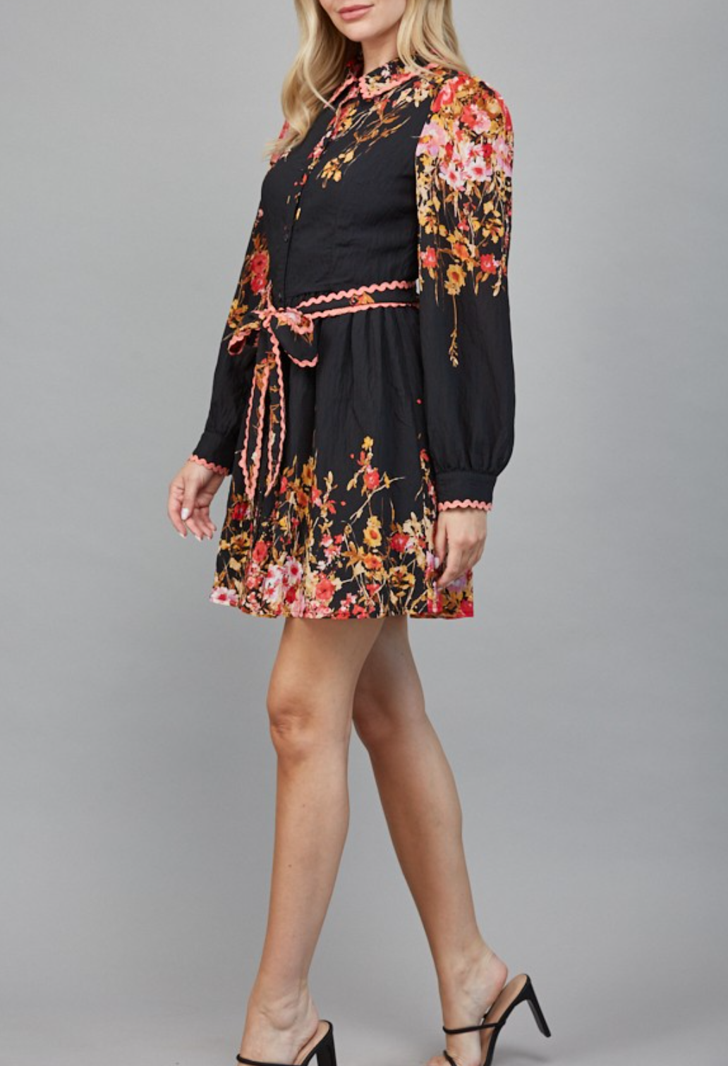Floral Border Print Waist Button Down Mini Dress