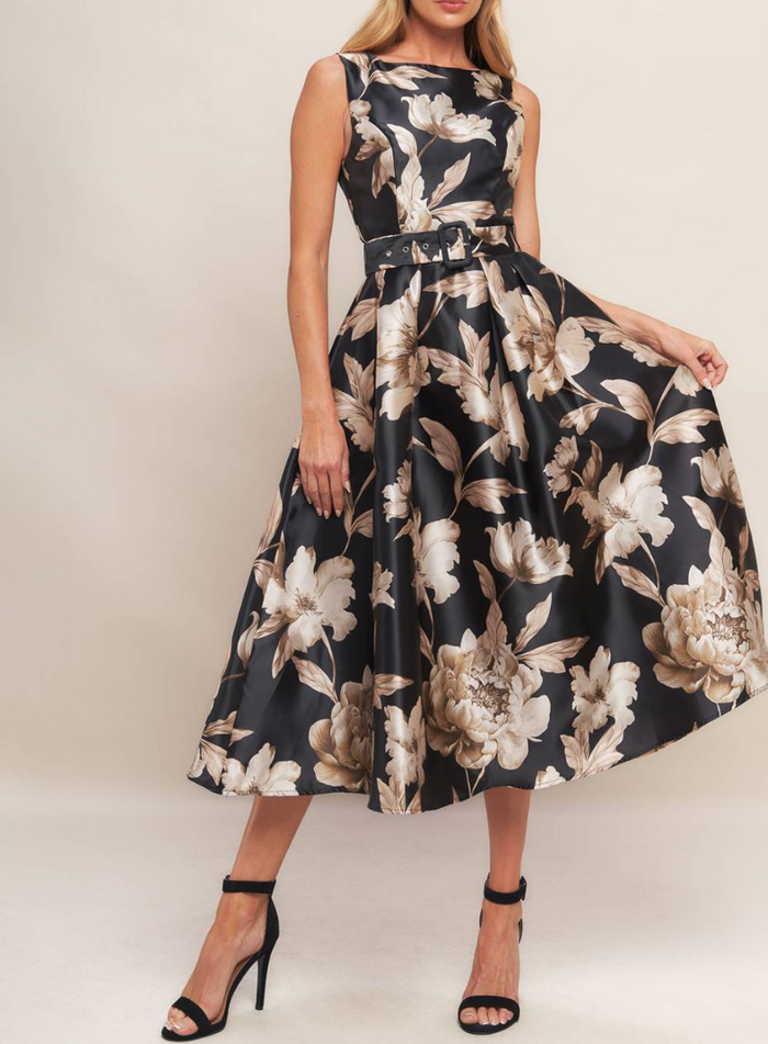 Printed Woven Midi Dress with Self-Belt