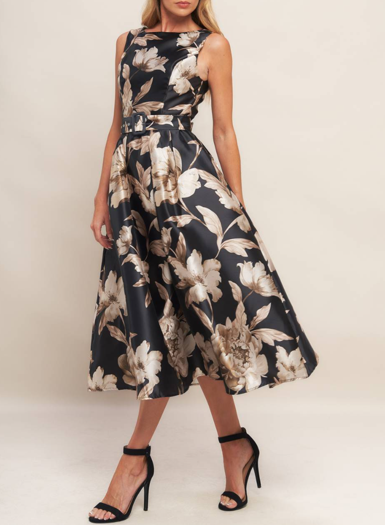 Printed Woven Midi Dress with Self-Belt