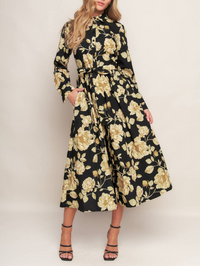 Floral Printed Long Sleeve Button Down Midi Dress