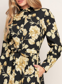Floral Printed Long Sleeve Button Down Midi Dress