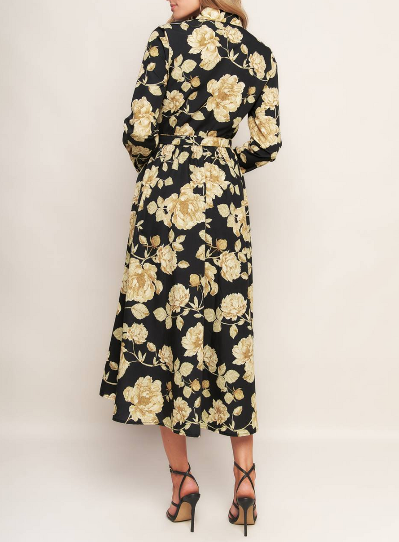 Floral Printed Long Sleeve Button Down Midi Dress Small / Black Floral Printed Long Sleeve Button Down Midi Dress Small / Black