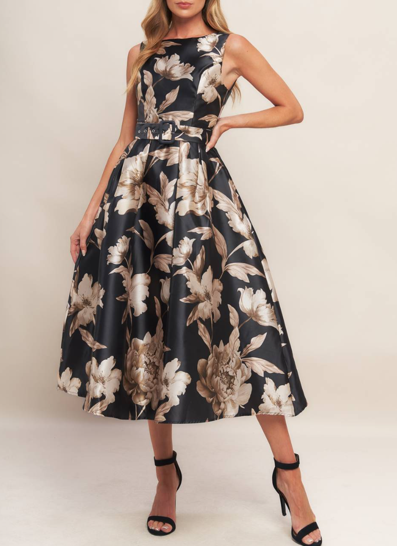 Printed Woven Midi Dress with Self-Belt